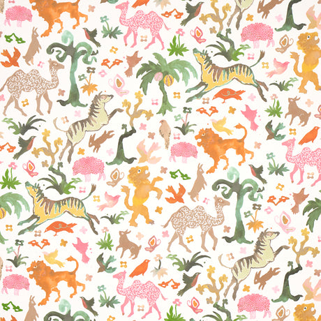Beasts wallpaper in pink and gold by Happy Menocal for Schumacher, featuring whimsical animals and flora in a hand-painted style.