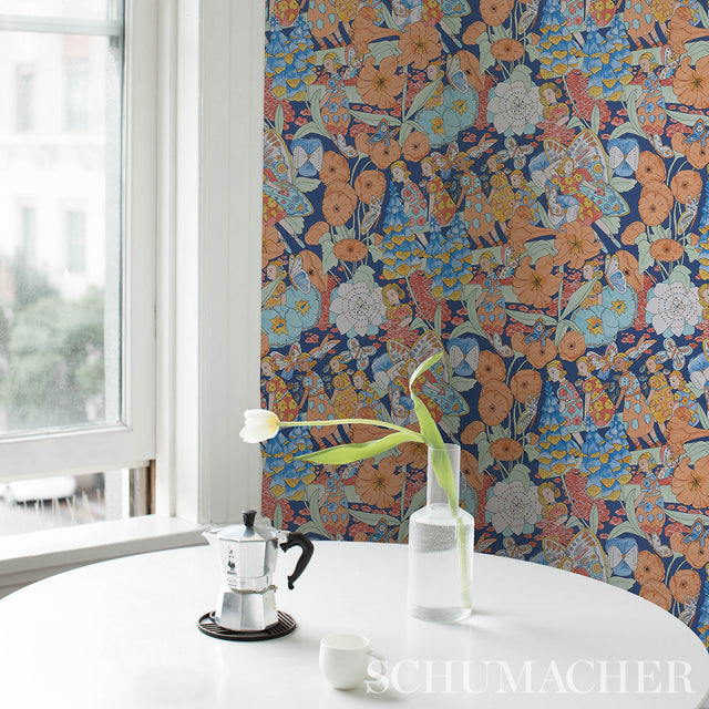 Fairie Garden Orange and Navy by Schumacher Whimsical Fairy Floral Wallpaper – Schumacher 5013540