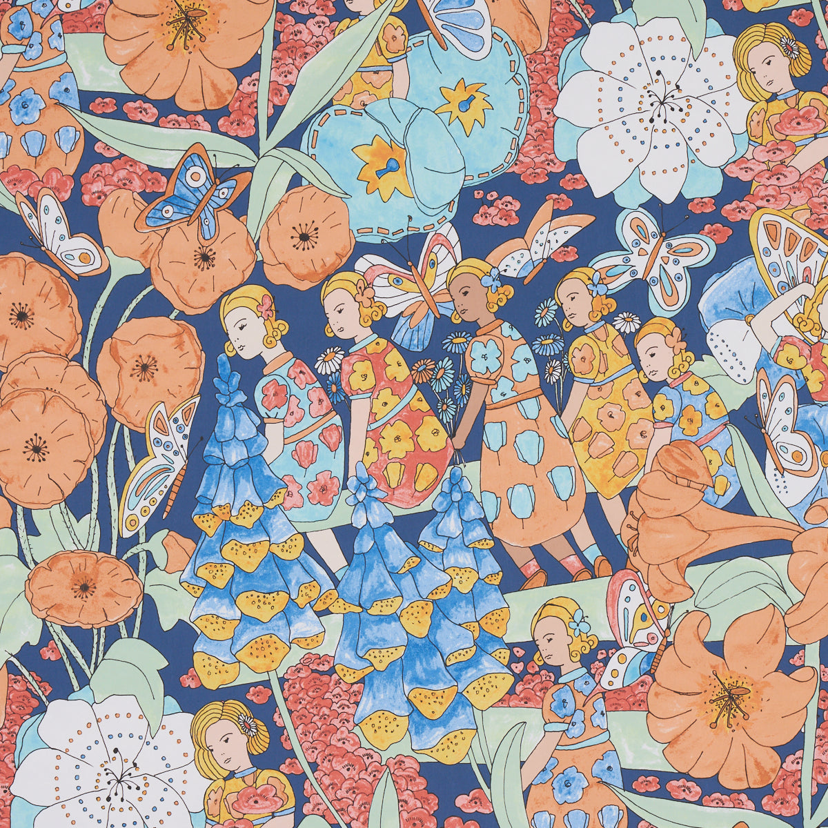 Fairie Garden wallpaper by Schumacher, featuring whimsical floral and fairy illustrations in orange and navy tones.