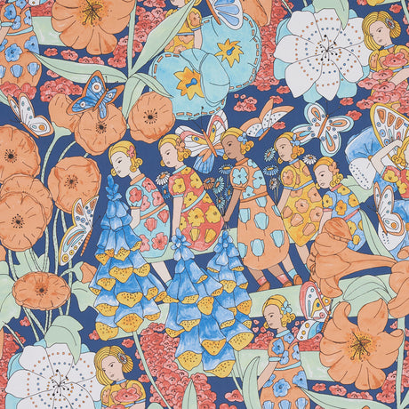 Fairie Garden wallpaper by Schumacher, featuring whimsical floral and fairy illustrations in orange and navy tones.