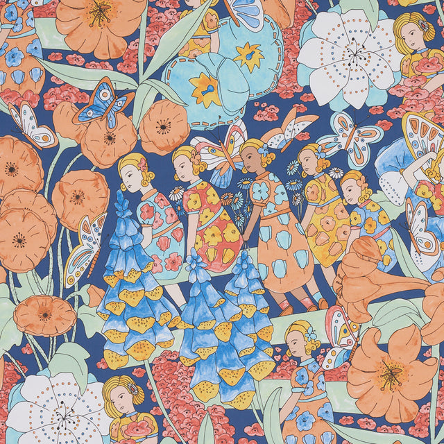 Fairie Garden wallpaper by Schumacher, featuring whimsical floral and fairy illustrations in orange and navy tones.