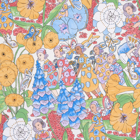 Fairie Garden wallpaper in yellow and ivory by Clements Ribeiro for Schumacher, featuring whimsical girls, fairies, butterflies, and vibrant florals.