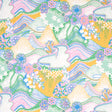 Daisy Chain wallpaper in Light Multi by Clements Ribeiro for Schumacher, a psychedelic floral landscape with rolling hills and daisy chains in pastel colors.