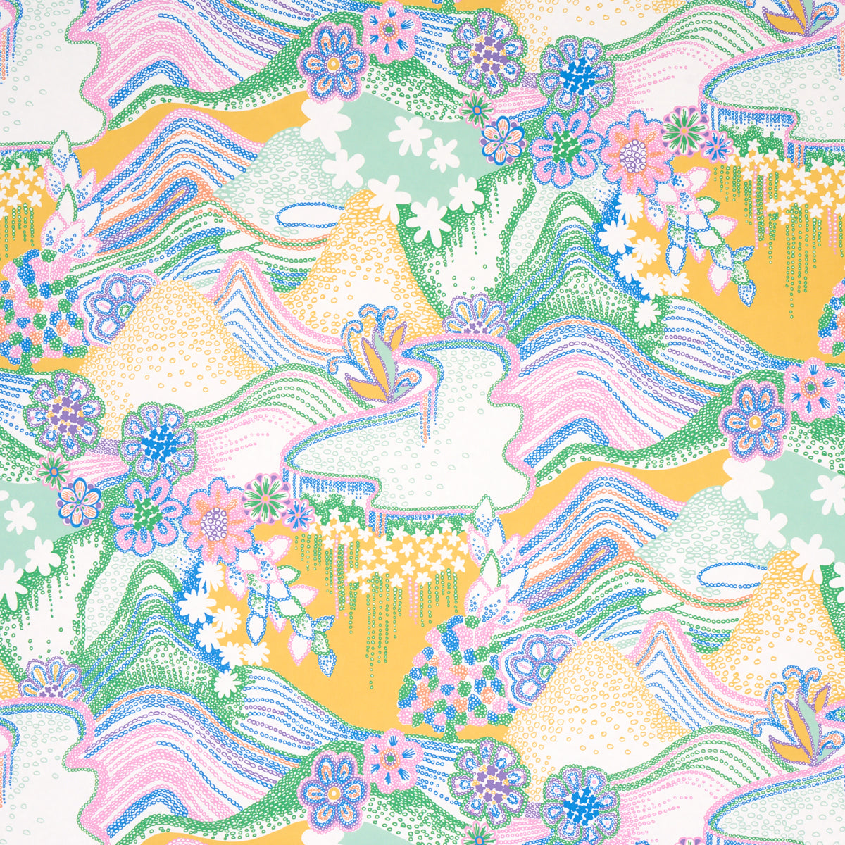 Daisy Chain wallpaper in Light Multi by Clements Ribeiro for Schumacher, a psychedelic floral landscape with rolling hills and daisy chains in pastel colors.