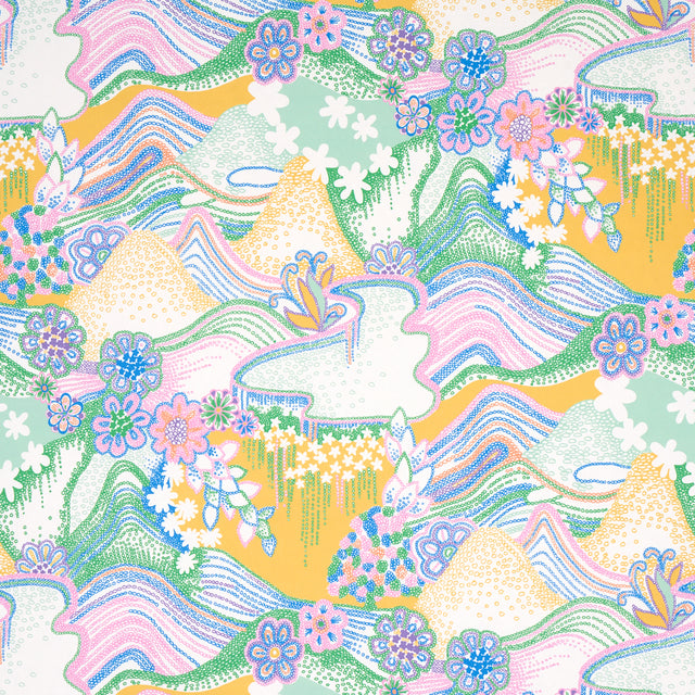 Daisy Chain wallpaper in Light Multi by Clements Ribeiro for Schumacher, a psychedelic floral landscape with rolling hills and daisy chains in pastel colors.