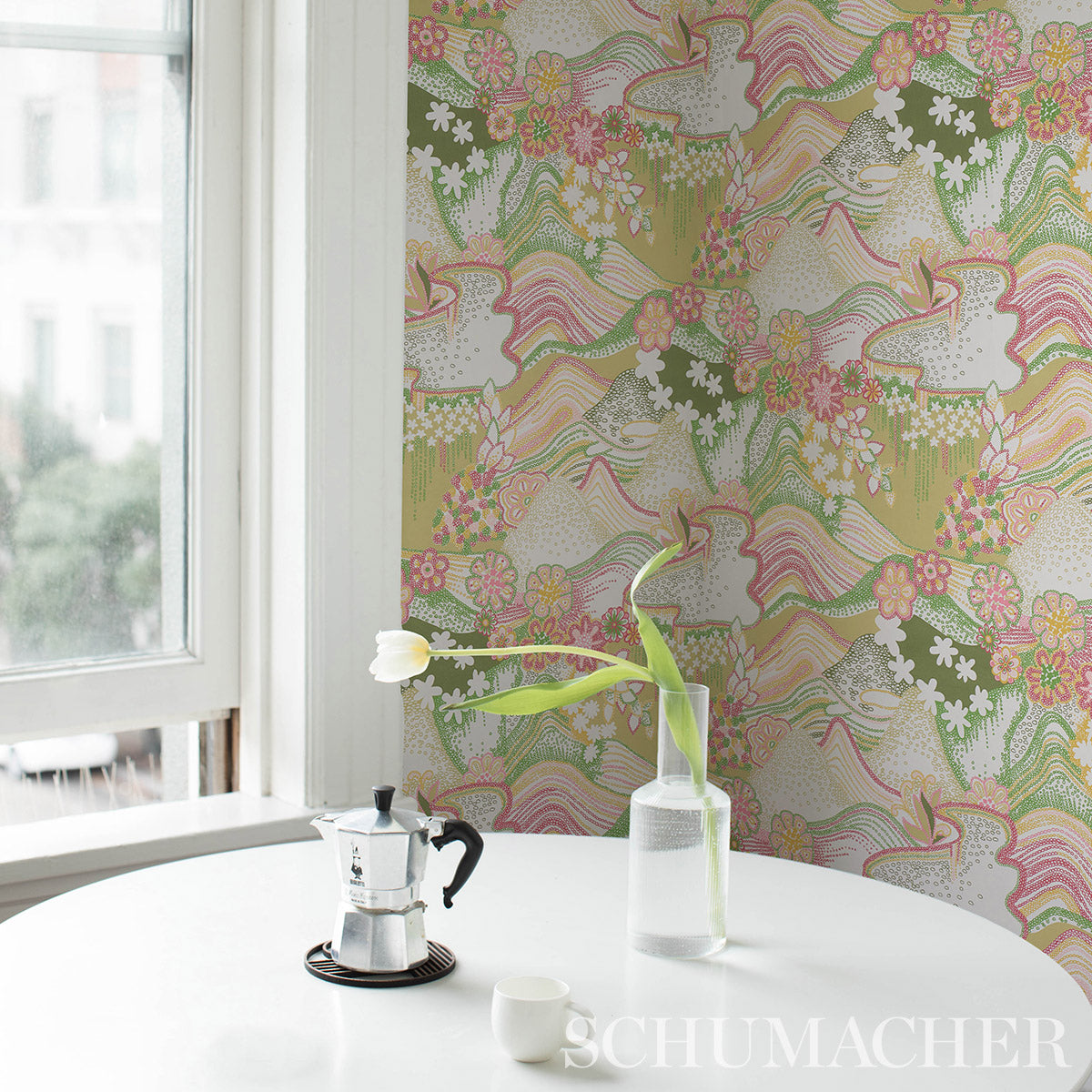 Daisy Chain Green and Pink by Clements Ribeiro Psychedelic Floral Wallpaper – Schumacher 5013551