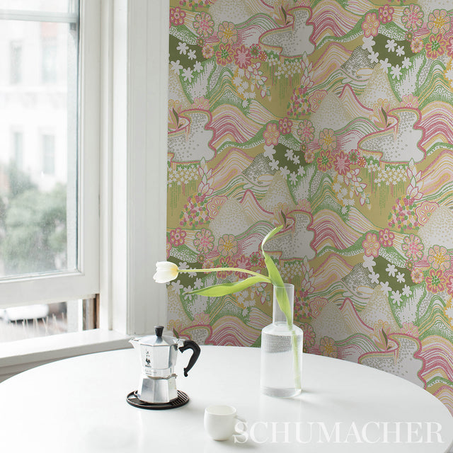 Daisy Chain Green and Pink by Clements Ribeiro Psychedelic Floral Wallpaper – Schumacher 5013551