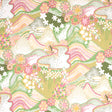 Daisy Chain wallpaper in green and pink by Clements Ribeiro for Schumacher, featuring a psychedelic floral and landscape pattern inspired by 1970s vintage prints.