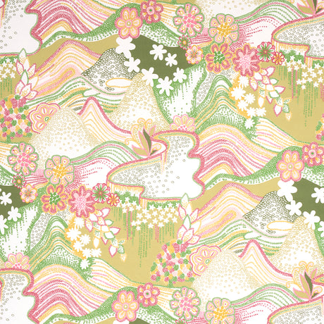 Daisy Chain wallpaper in green and pink by Clements Ribeiro for Schumacher, featuring a psychedelic floral and landscape pattern inspired by 1970s vintage prints.
