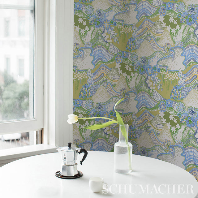 Daisy Chain Green and Blue by Clements Ribeiro Psychedelic Floral Wallpaper – Schumacher 5013552