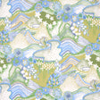 Daisy Chain wallpaper in green and blue by Clements Ribeiro for Schumacher, featuring a psychedelic floral and landscape pattern.