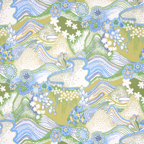 Daisy Chain wallpaper in green and blue by Clements Ribeiro for Schumacher, featuring a psychedelic floral and landscape pattern.