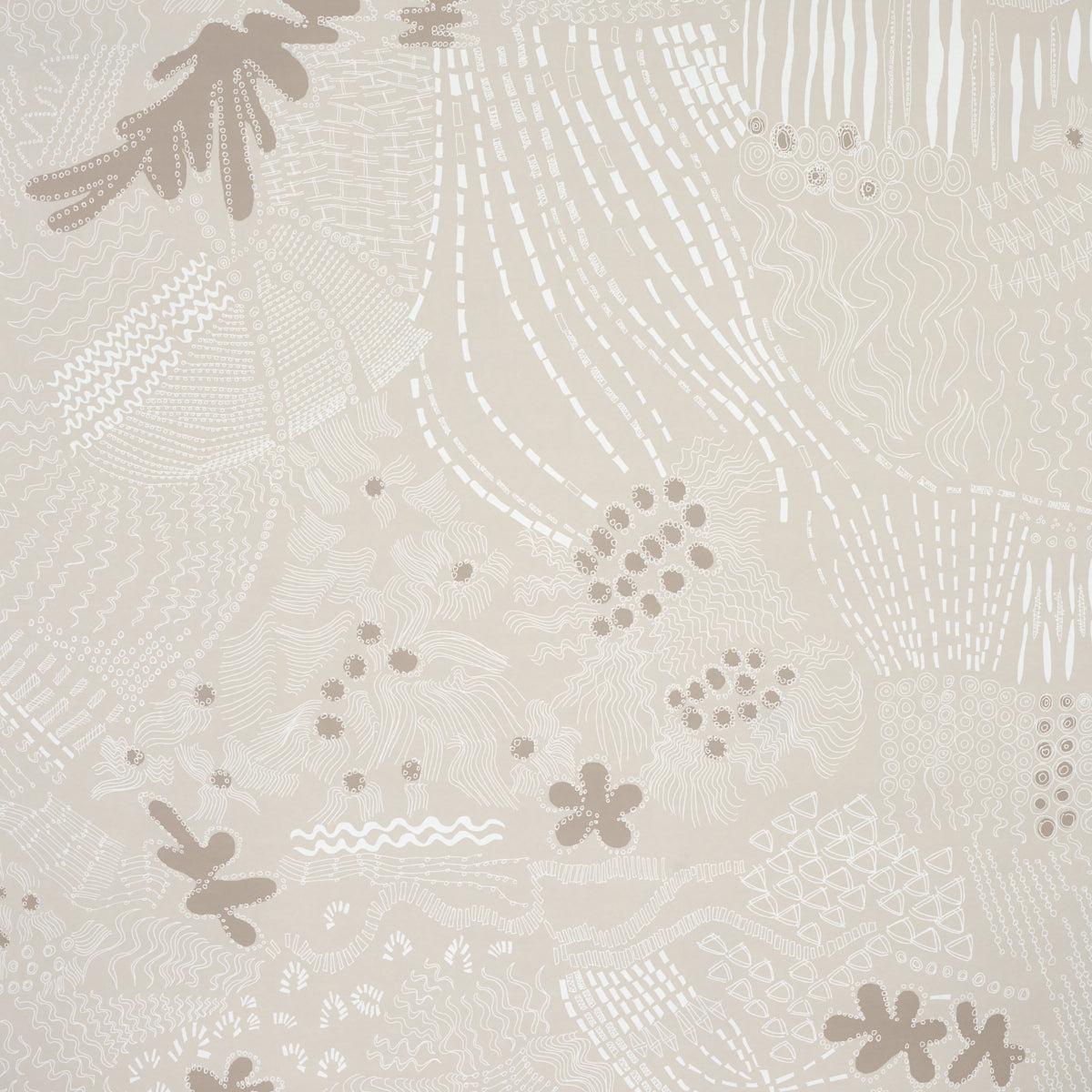Haven wallpaper in light neutral by Clements Ribeiro for Schumacher, featuring abstract, aboriginal-inspired patterns in soft beige and white tones.