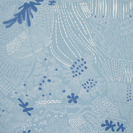 Haven wallpaper in teal and navy by Clements Ribeiro for Schumacher, featuring abstract, flowing patterns inspired by ancient drawings.