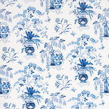 Ming Vase porcelain blue and white chinoiserie floral wallpaper by Schumacher, shown in detail and installed in a room.