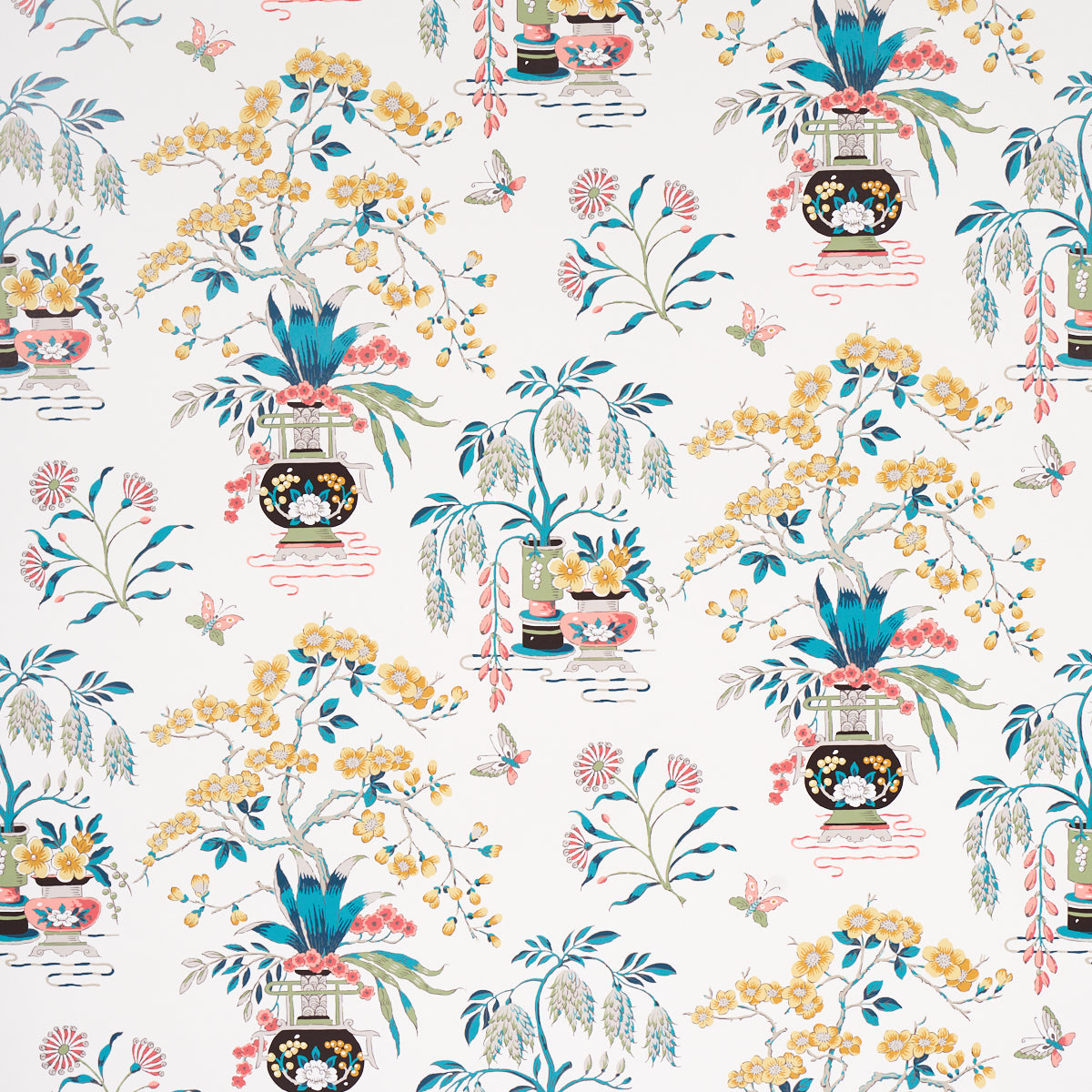 Ming Vase multi-colored chinoiserie wallpaper with traditional motifs, vases, and floral arrangements by Schumacher.