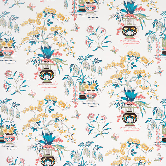 Ming Vase multi-colored chinoiserie wallpaper with traditional motifs, vases, and floral arrangements by Schumacher.