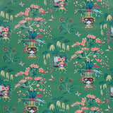 Ming Vase jade green chinoiserie wallpaper with floral and vase motifs by Schumacher