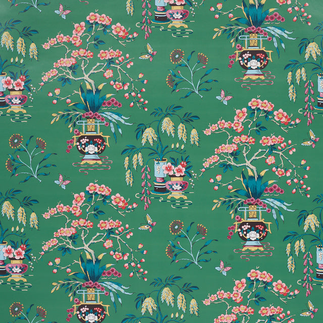 Ming Vase jade green chinoiserie wallpaper with floral and vase motifs by Schumacher