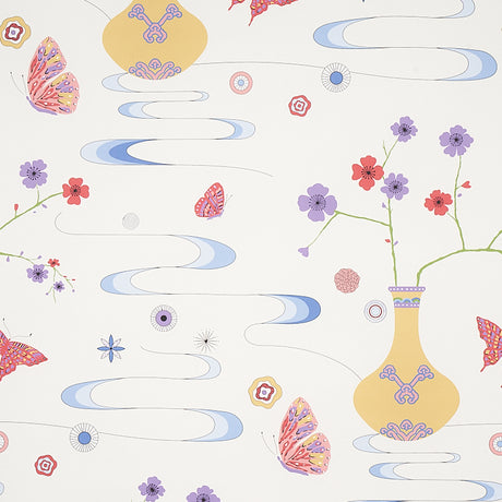 Fantasia wallpaper in Formosa Ivory by Cristina Buckley for Schumacher, featuring whimsical vases, cherry blossoms, and butterflies in a chinoiserie style.