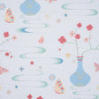Fantasia wallpaper in Hyacinth Blue by Cristina Buckley for Schumacher, featuring whimsical vases, cherry blossoms, and butterflies in a chinoiserie style.