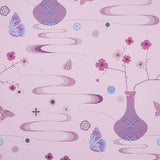 Fantasia wallpaper in peony pink by Cristina Buckley for Schumacher, featuring whimsical vases, cherry blossoms, and butterflies in a chinoiserie style.