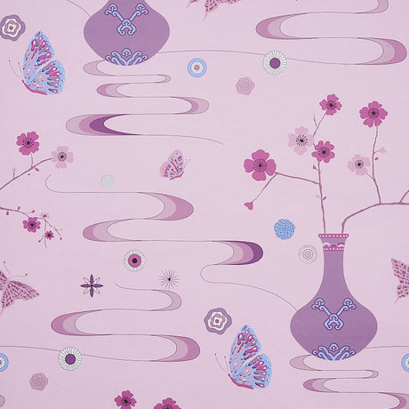 Fantasia wallpaper in peony pink by Cristina Buckley for Schumacher, featuring whimsical vases, cherry blossoms, and butterflies in a chinoiserie style.