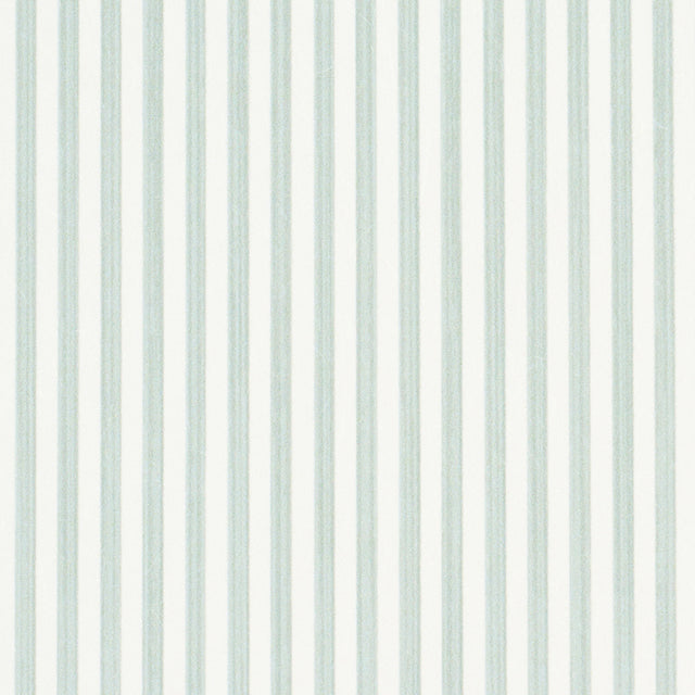 Edwin Stripe Narrow wallpaper in Eucalyptus by Schumacher, featuring narrow vertical stripes in soft green and white.