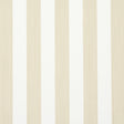 Edwin Stripe Medium wallpaper in Straw by Schumacher, featuring classic vertical stripes in a neutral palette, shown in a styled bedroom and close-up views.
