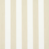 Edwin Stripe Medium wallpaper in Straw by Schumacher, featuring classic vertical stripes in a neutral palette, shown in a styled bedroom and close-up views.