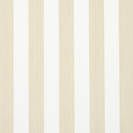 Edwin Stripe Medium wallpaper in Straw by Schumacher, featuring classic vertical stripes in a neutral palette, shown in a styled bedroom and close-up views.