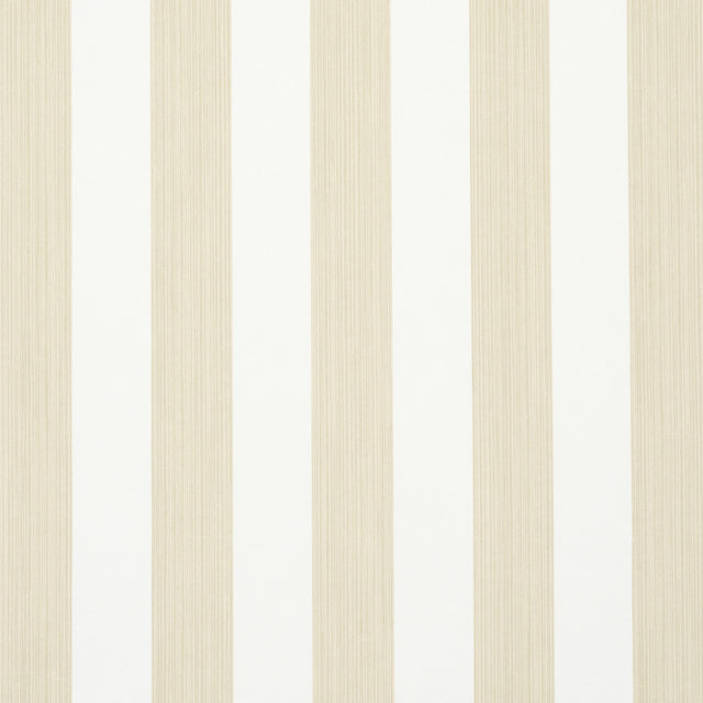 Edwin Stripe Medium wallpaper in Straw by Schumacher, featuring classic vertical stripes in a neutral palette, shown in a styled bedroom and close-up views.