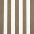 Edwin Stripe Medium Mocha wallpaper by Schumacher featuring medium-width mocha and white vertical stripes, shown in a styled bedroom setting.