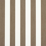 Edwin Stripe Medium Mocha wallpaper by Schumacher featuring medium-width mocha and white vertical stripes, shown in a styled bedroom setting.