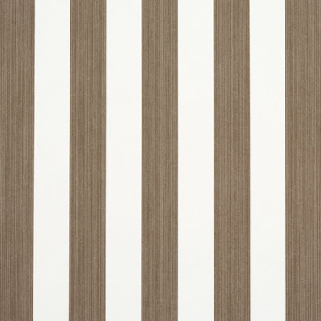 Edwin Stripe Medium Mocha wallpaper by Schumacher featuring medium-width mocha and white vertical stripes, shown in a styled bedroom setting.