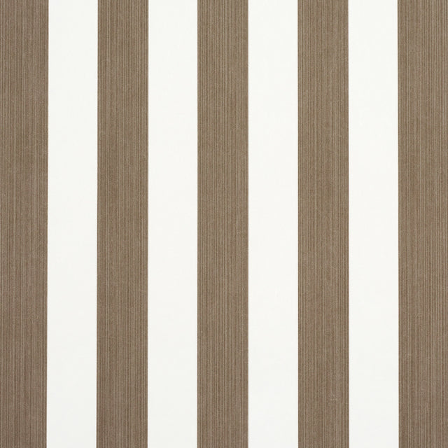 Edwin Stripe Medium Mocha wallpaper by Schumacher featuring medium-width mocha and white vertical stripes, shown in a styled bedroom setting.