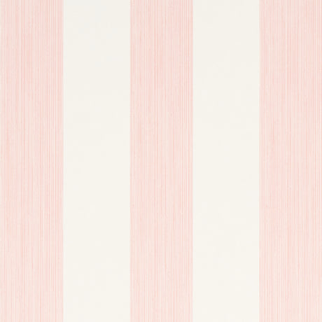 Edwin Stripe Wide wallpaper in Petal by Schumacher, featuring wide pink and white stripes, shown in a bright, classic interior setting.