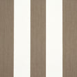 Edwin Stripe Wide wallpaper in mocha by Schumacher, featuring wide vertical mocha and white stripes with subtle texture, shown in a styled interior and close-up views.