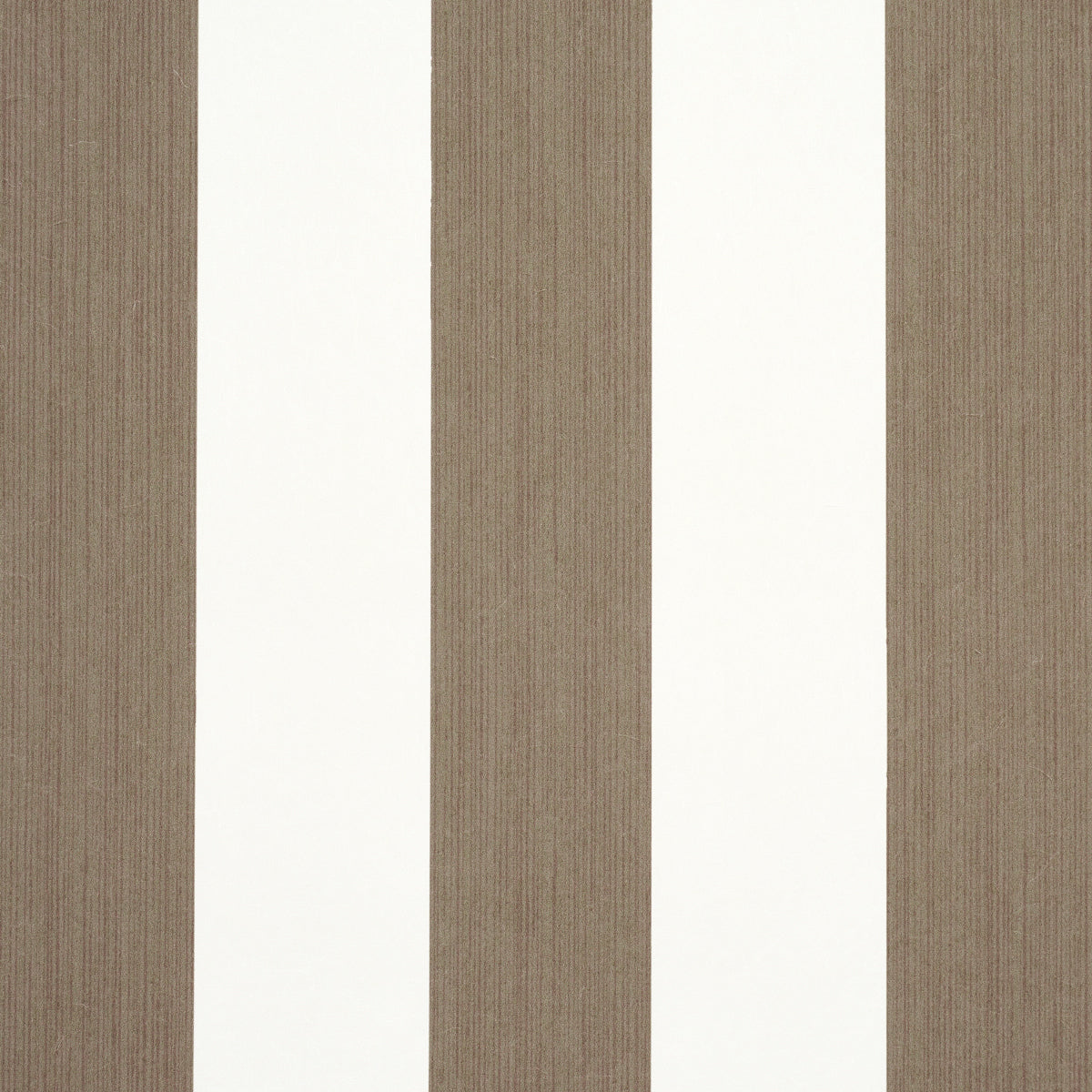 Edwin Stripe Wide wallpaper in mocha by Schumacher, featuring wide vertical mocha and white stripes with subtle texture, shown in a styled interior and close-up views.