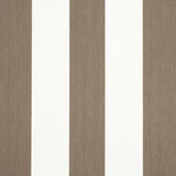 Edwin Stripe Wide wallpaper in mocha by Schumacher, featuring wide vertical mocha and white stripes with subtle texture, shown in a styled interior and close-up views.