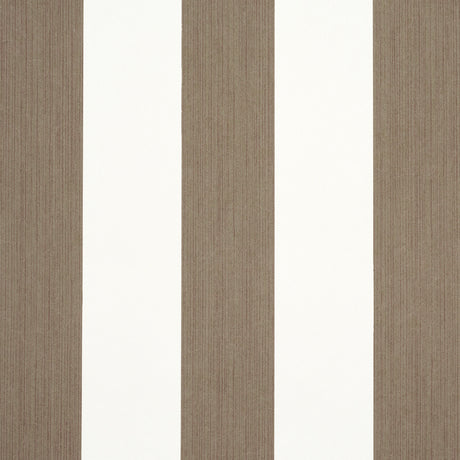 Edwin Stripe Wide wallpaper in mocha by Schumacher, featuring wide vertical mocha and white stripes with subtle texture, shown in a styled interior and close-up views.
