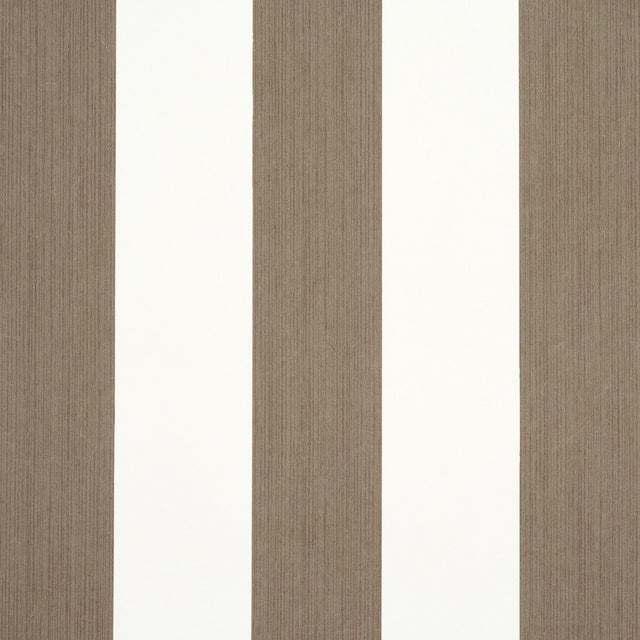 Edwin Stripe Wide wallpaper in mocha by Schumacher, featuring wide vertical mocha and white stripes with subtle texture, shown in a styled interior and close-up views.