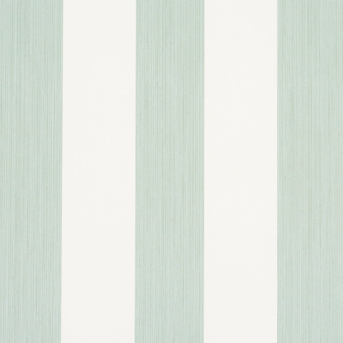 Edwin Stripe Wide wallpaper in Eucalyptus by Schumacher, featuring wide vertical green and white stripes with a textured effect.