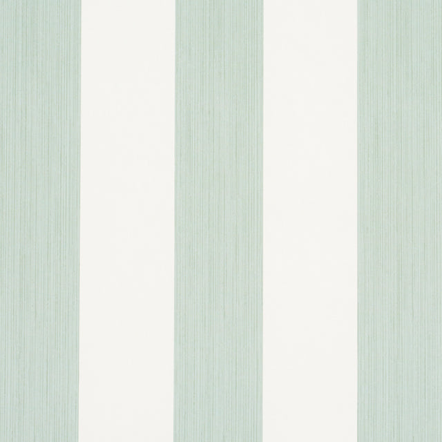 Edwin Stripe Wide wallpaper in Eucalyptus by Schumacher, featuring wide vertical green and white stripes with a textured effect.