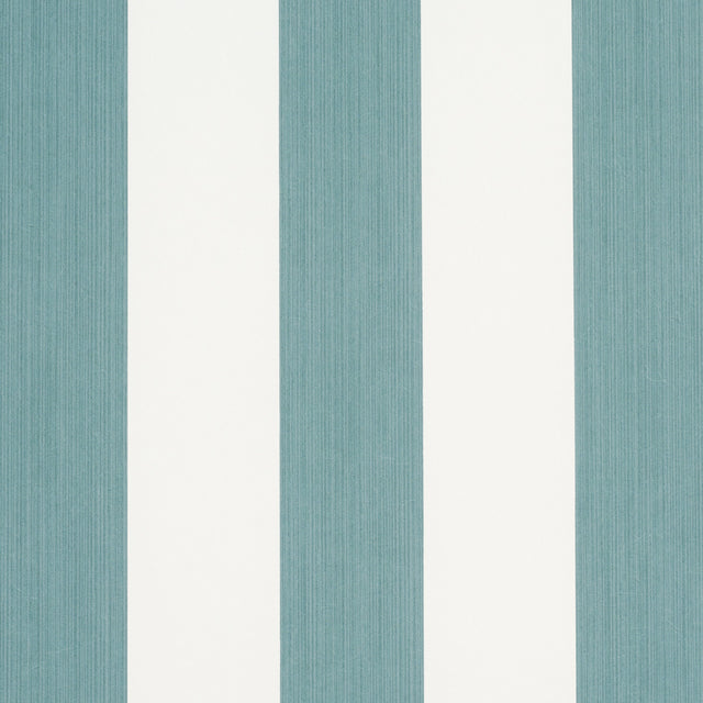 Edwin Stripe Wide wallpaper in teal and white by Schumacher, featuring bold vertical stripes and a textured look.