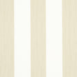 Edwin Stripe Wide wallpaper in Straw by Schumacher, wide vertical beige and white stripes, shown in interior and detail views.