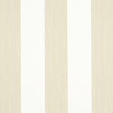 Edwin Stripe Wide wallpaper in Straw by Schumacher, wide vertical beige and white stripes, shown in interior and detail views.