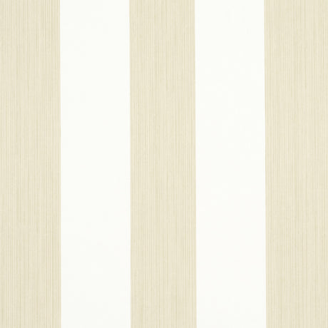 Edwin Stripe Wide wallpaper in Straw by Schumacher, wide vertical beige and white stripes, shown in interior and detail views.
