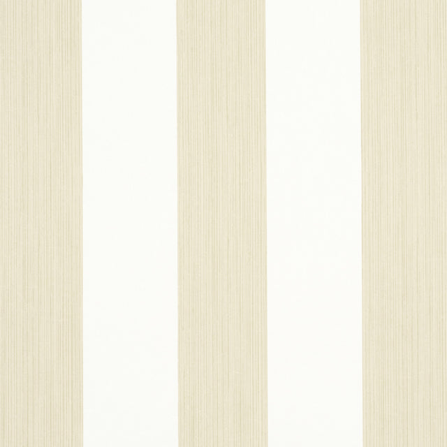 Edwin Stripe Wide wallpaper in Straw by Schumacher, wide vertical beige and white stripes, shown in interior and detail views.