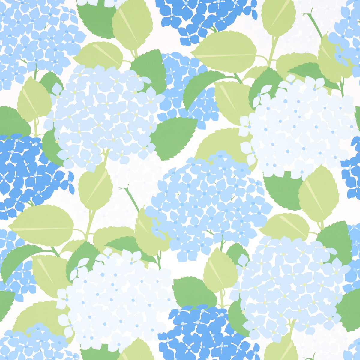 Hydrangea floral wallpaper in porcelain blue and green by Schumacher, shown in a styled bathroom and close-up views.